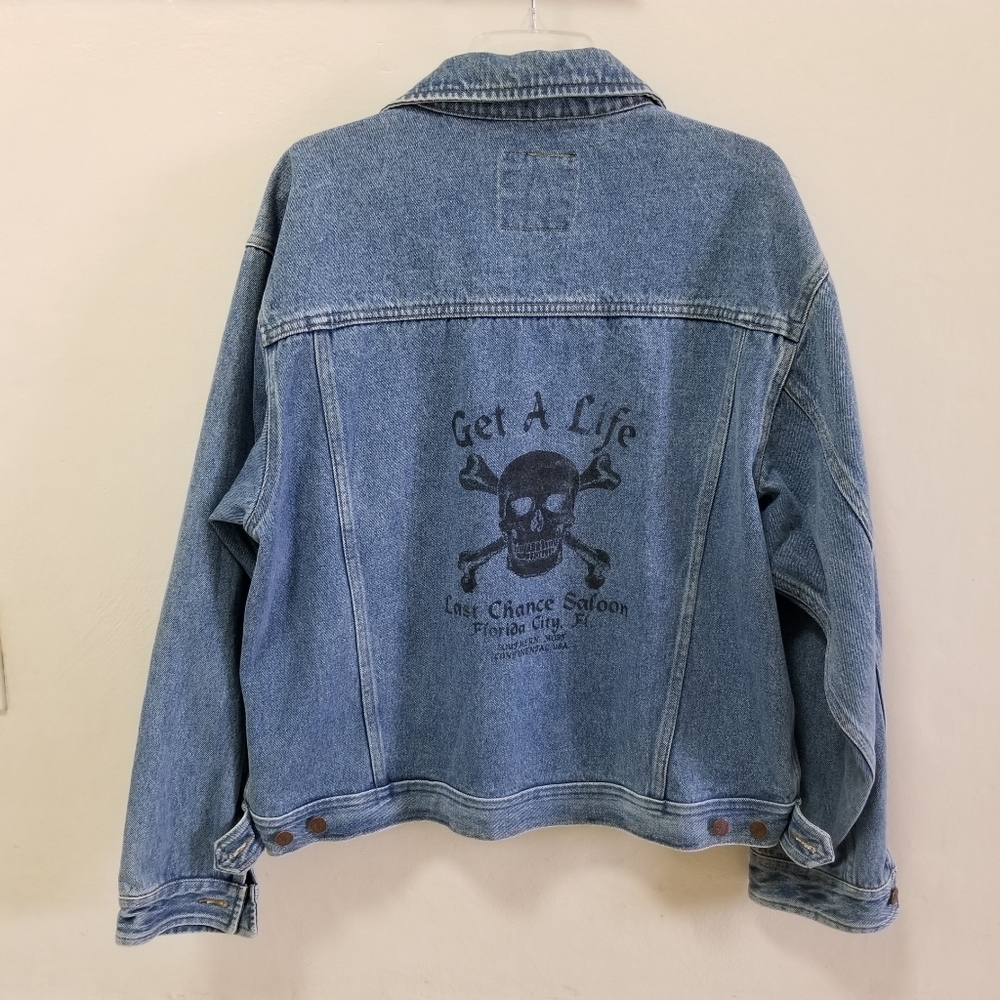 Star Trek Mens Denim Jacket Vintage Skull Get a Life Jean Blue Pockets Sz L